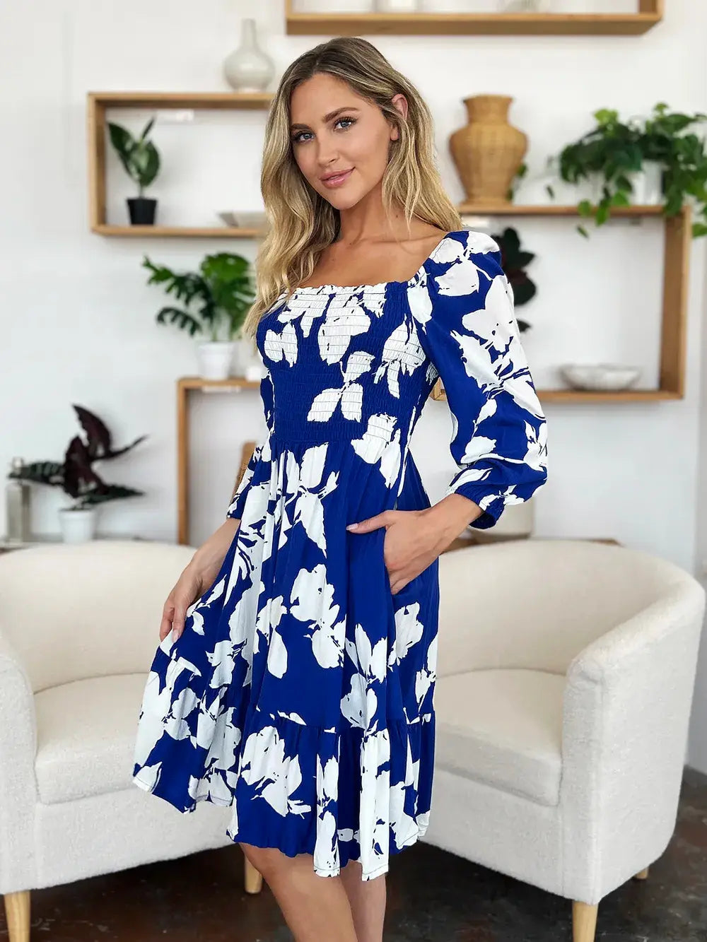 Double Take Full Size Floral Ruffle Hem Smocked Dress with Pockets - Trendsi - Flyclothing LLC