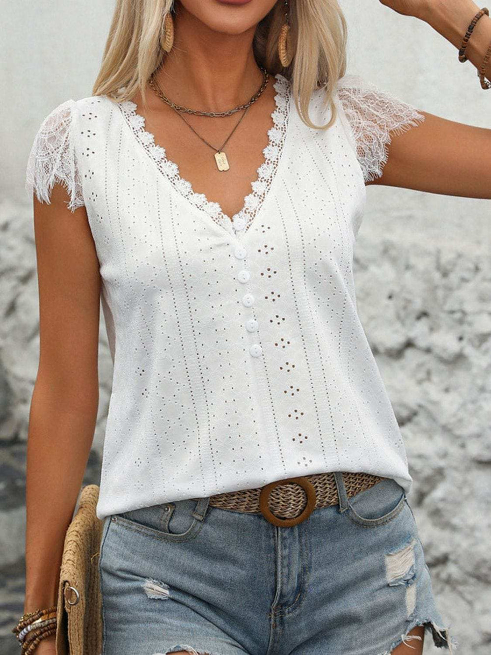 Eyelet Lace Detail V-Neck Cap Sleeve Top - Trendsi - Flyclothing LLC