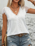 Eyelet Lace Detail V-Neck Cap Sleeve Top - Trendsi