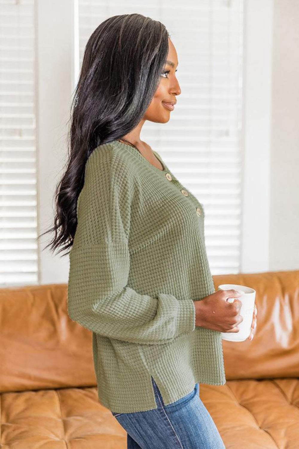 Slit Waffle Knit Long Sleeve T-Shirt - Trendsi - Flyclothing LLC