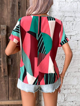 Printed V-Neck Short Sleeve Blouse - Trendsi - Flyclothing LLC