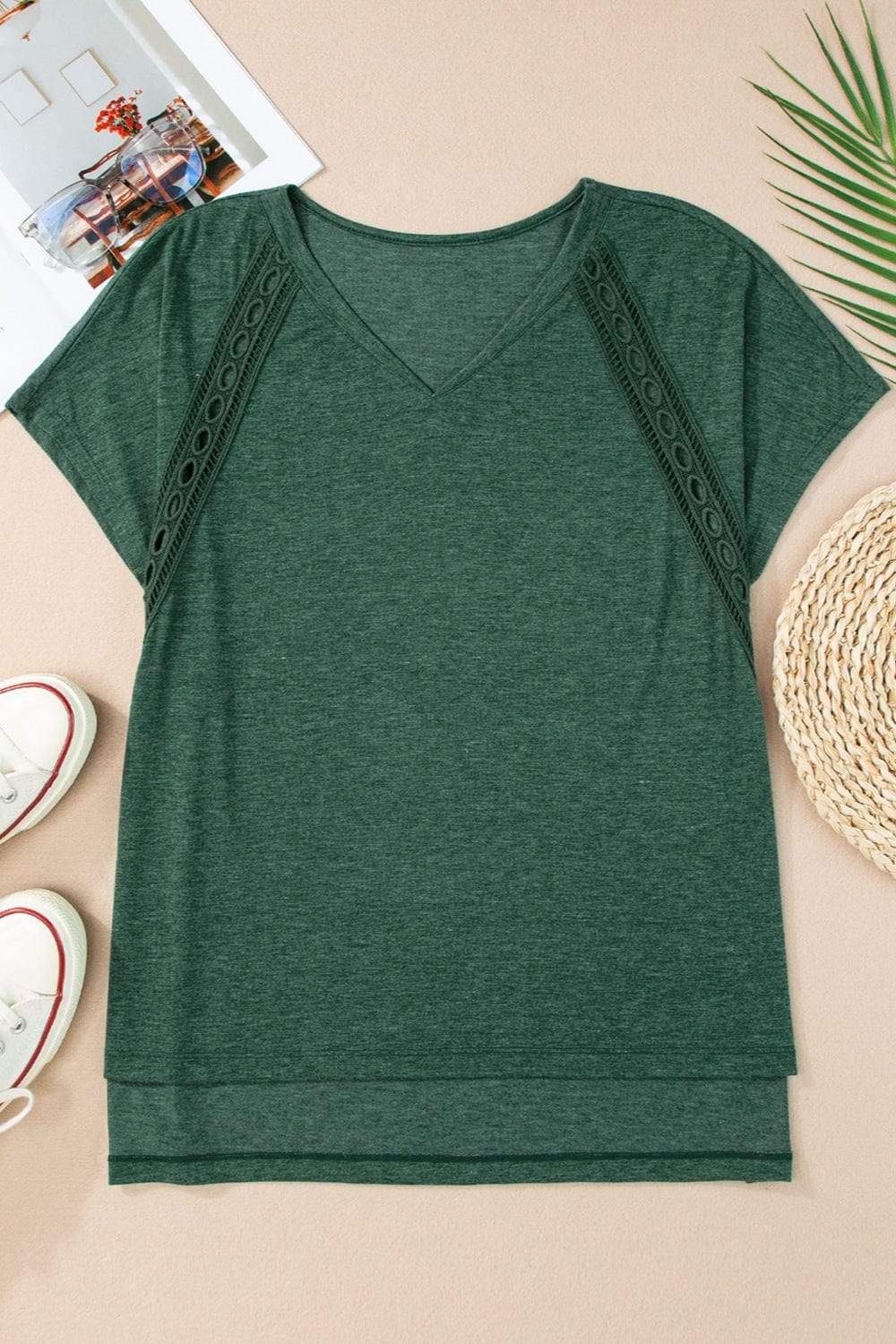 Heathered V-Neck Short Sleeve T-Shirt - Trendsi - Flyclothing LLC