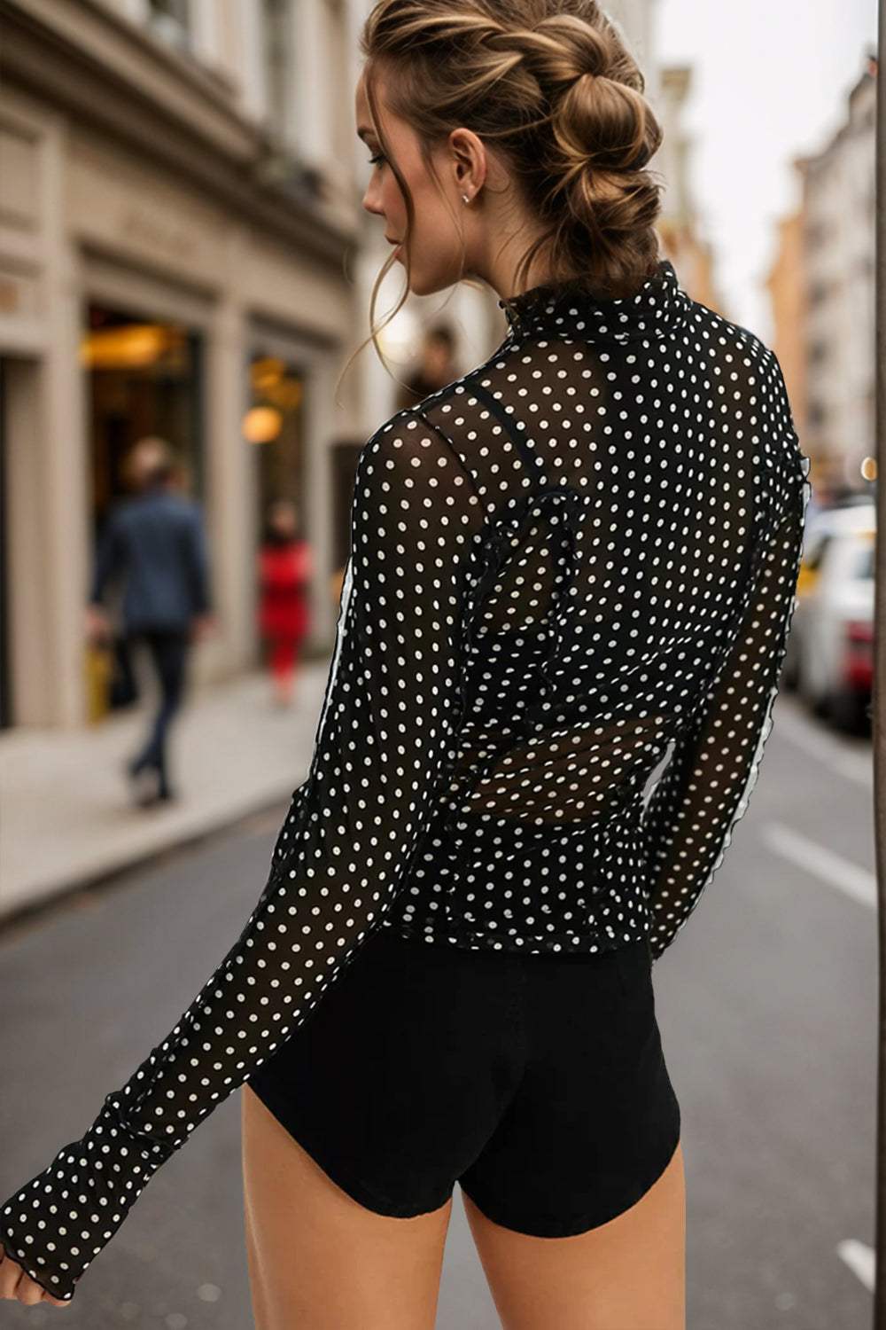 Oh Full Size Frill Printed Mock Neck Long Sleeve Top - Trendsi - Flyclothing LLC