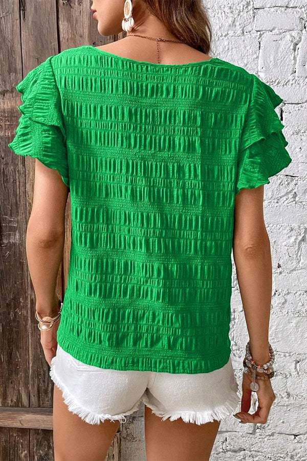 Textured Ruffled Sleeve Round Neck Top - Trendsi - Flyclothing LLC