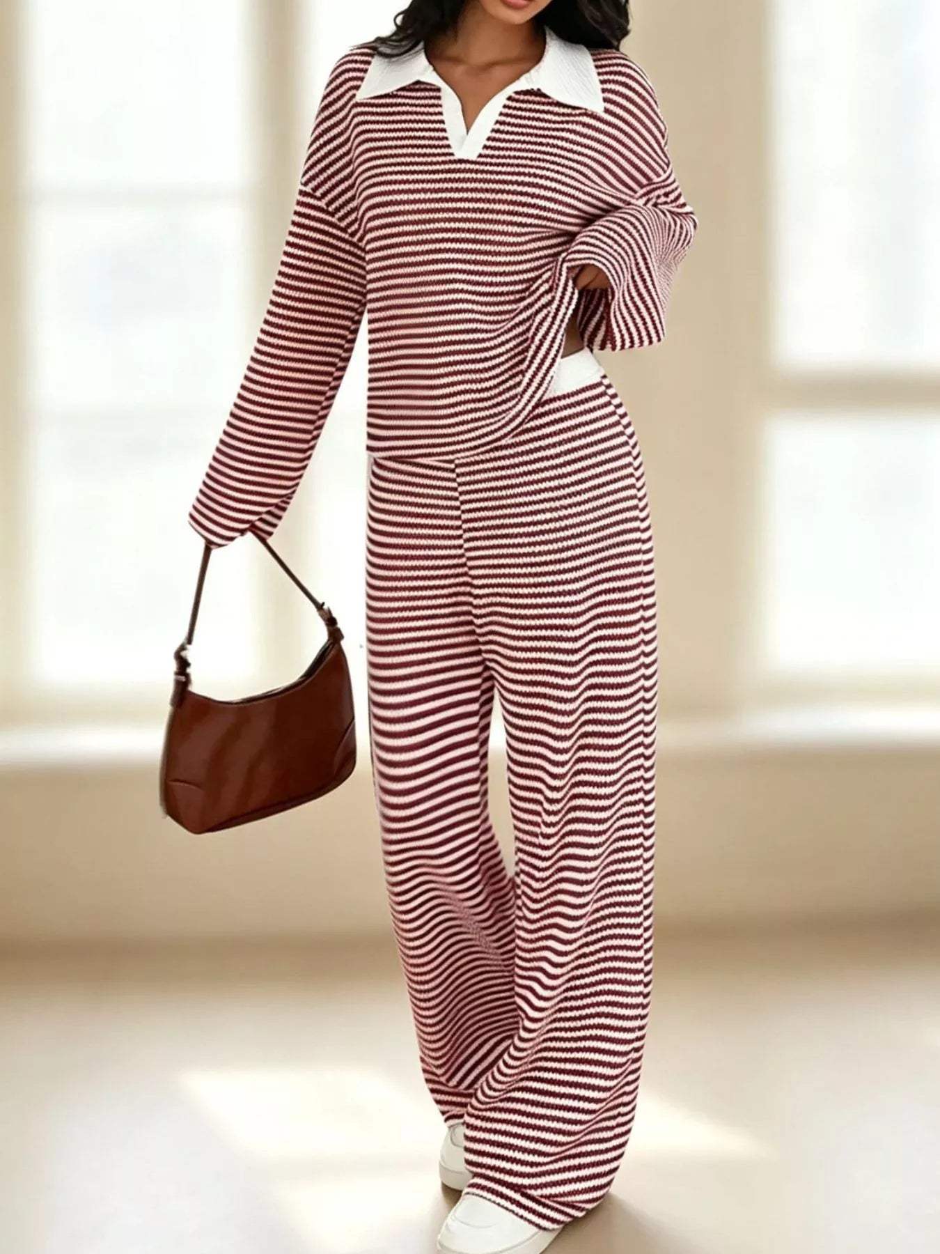 Striped Long Sleeve Polo and Wide-Leg Pants Set - Trendsi - Flyclothing LLC