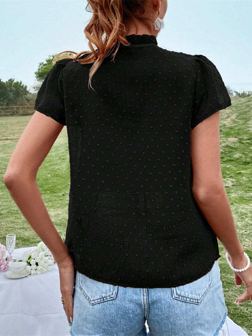 Frill Swiss Dot Tie Neck Short Sleeve Blouse - Trendsi - Flyclothing LLC