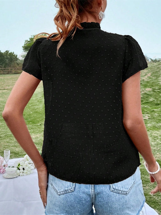 Frill Swiss Dot Tie Neck Short Sleeve Blouse - Trendsi