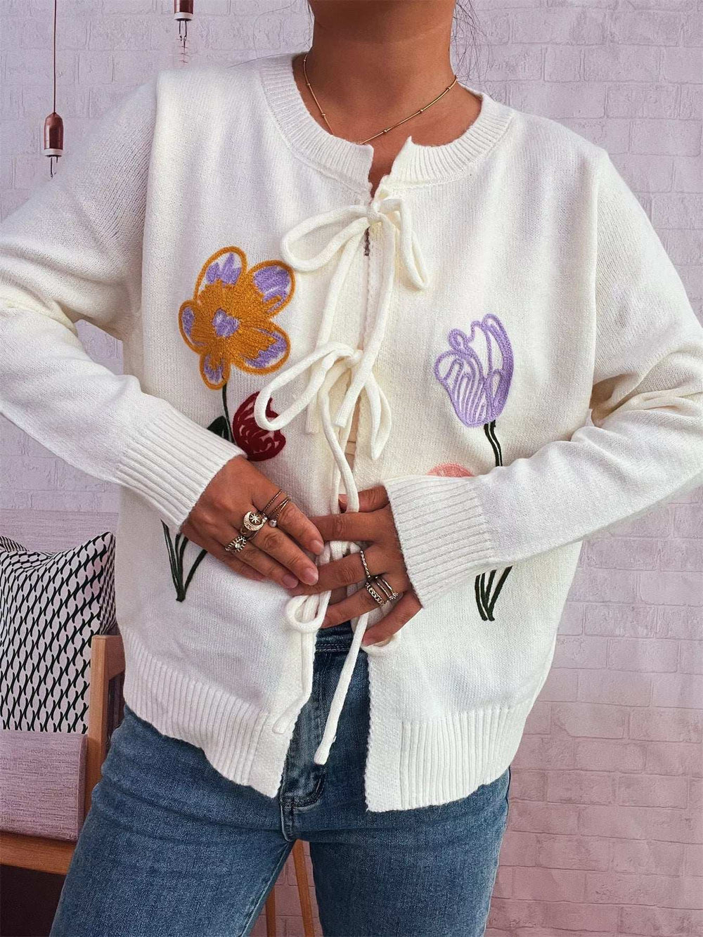 Floral Ribbed Hem Tie Front Cardigan - Trendsi - Flyclothing LLC