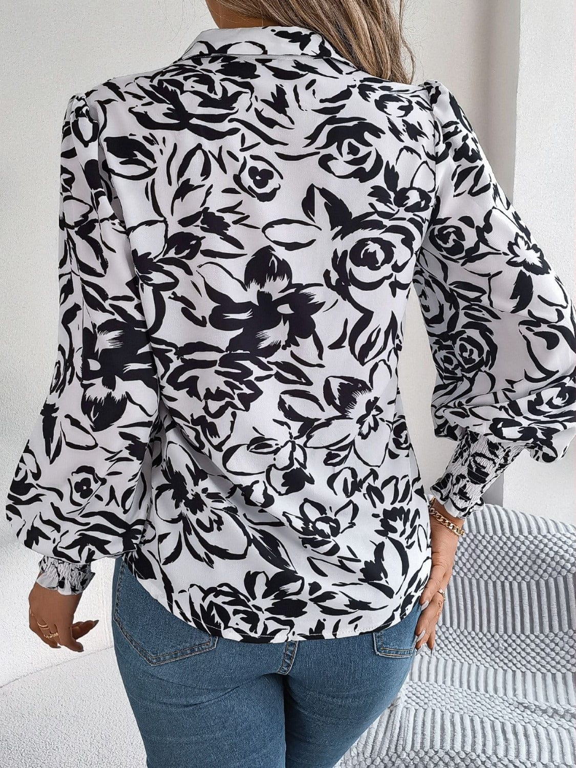 Printed Collared Neck Lantern Sleeve Shirt - Trendsi