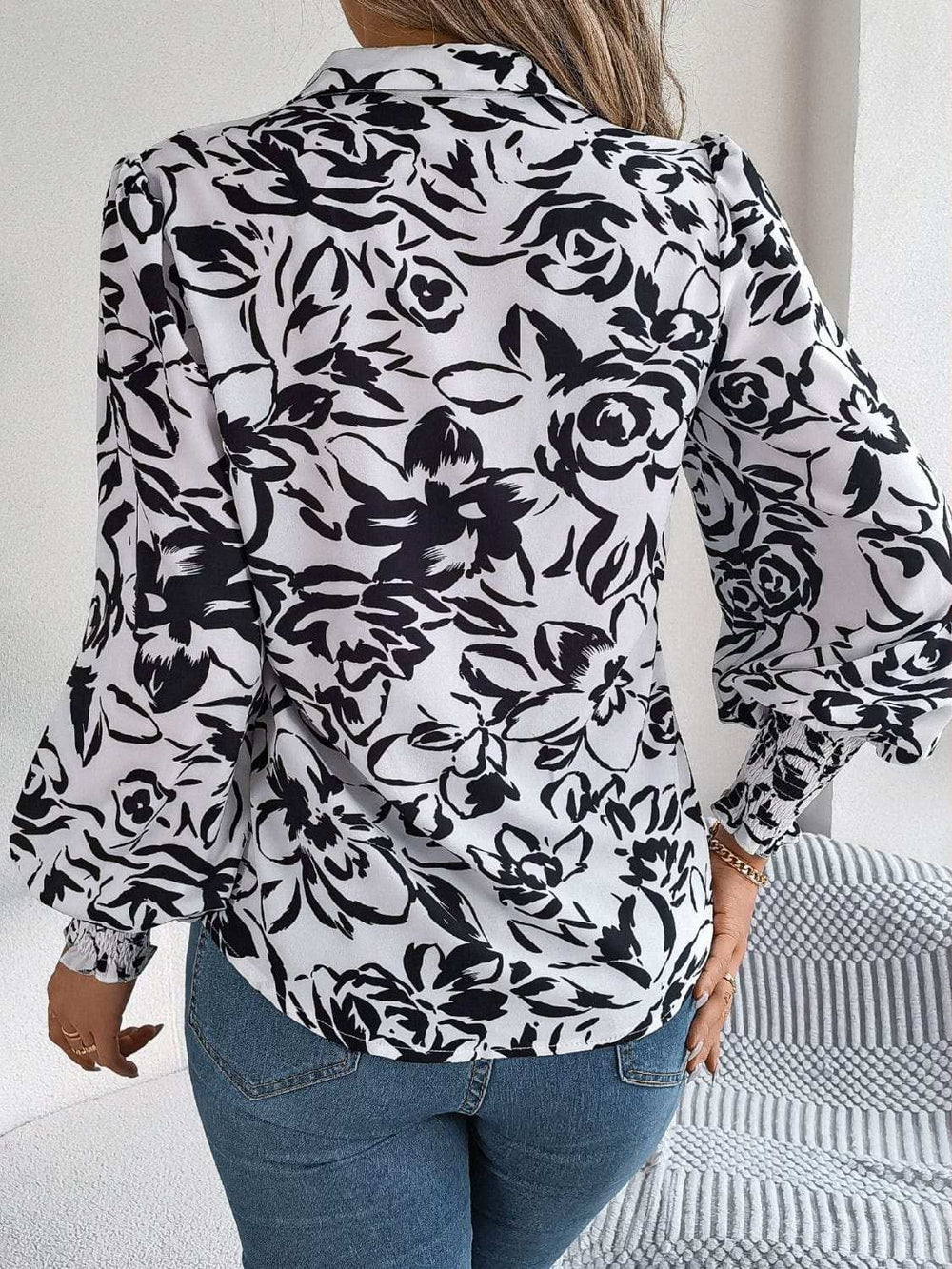 Printed Collared Neck Lantern Sleeve Shirt - Trendsi - Flyclothing LLC