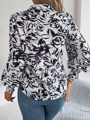 Printed Collared Neck Lantern Sleeve Shirt - Trendsi