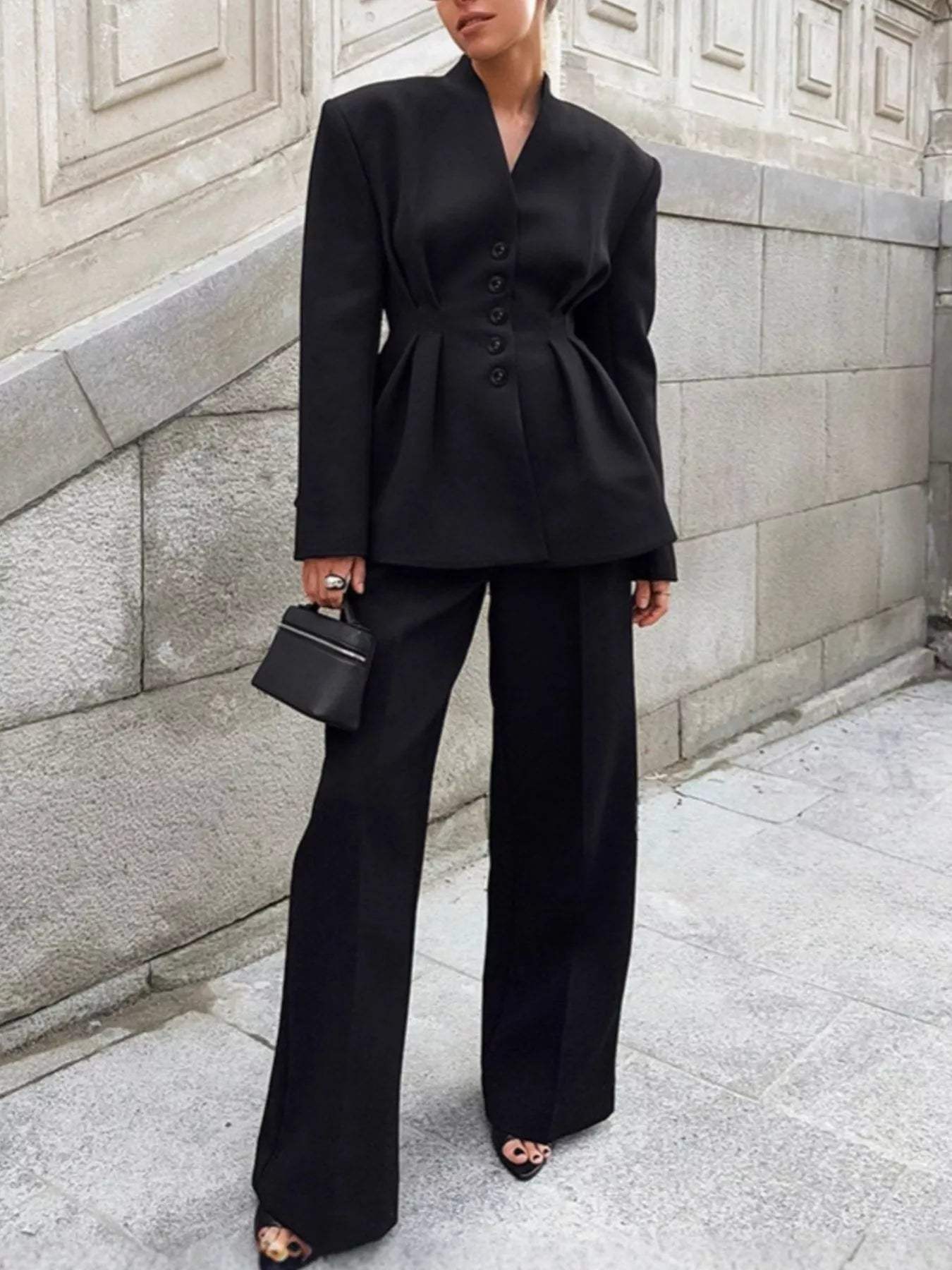 Chic Button Down Pleated Blazer and Wide-Leg Pants Suit Set - Trendsi - Flyclothing LLC