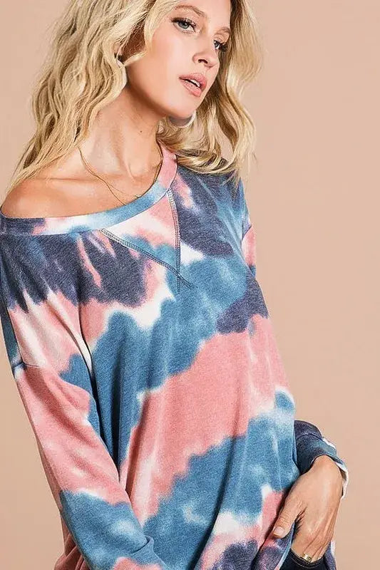 BiBi Tie Dye French Terry Pull Over with Front Stitching Detail - Trendsi - Flyclothing LLC