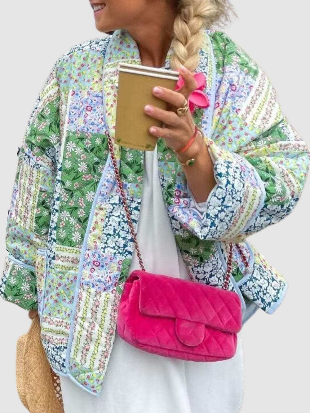 Printed Patchwork Open Front Cardigan with Pockets - Trendsi - Flyclothing LLC