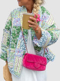 Printed Patchwork Open Front Cardigan with Pockets - Trendsi