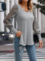 Slit Round Neck Lace Long Sleeve T-Shirt - Trendsi - Flyclothing LLC