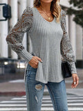 Slit Round Neck Lace Long Sleeve T-Shirt - Trendsi - Flyclothing LLC