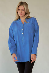 Davi & Dani Letter Back Raw Hem Half Button Shirt - Trendsi - Flyclothing LLC