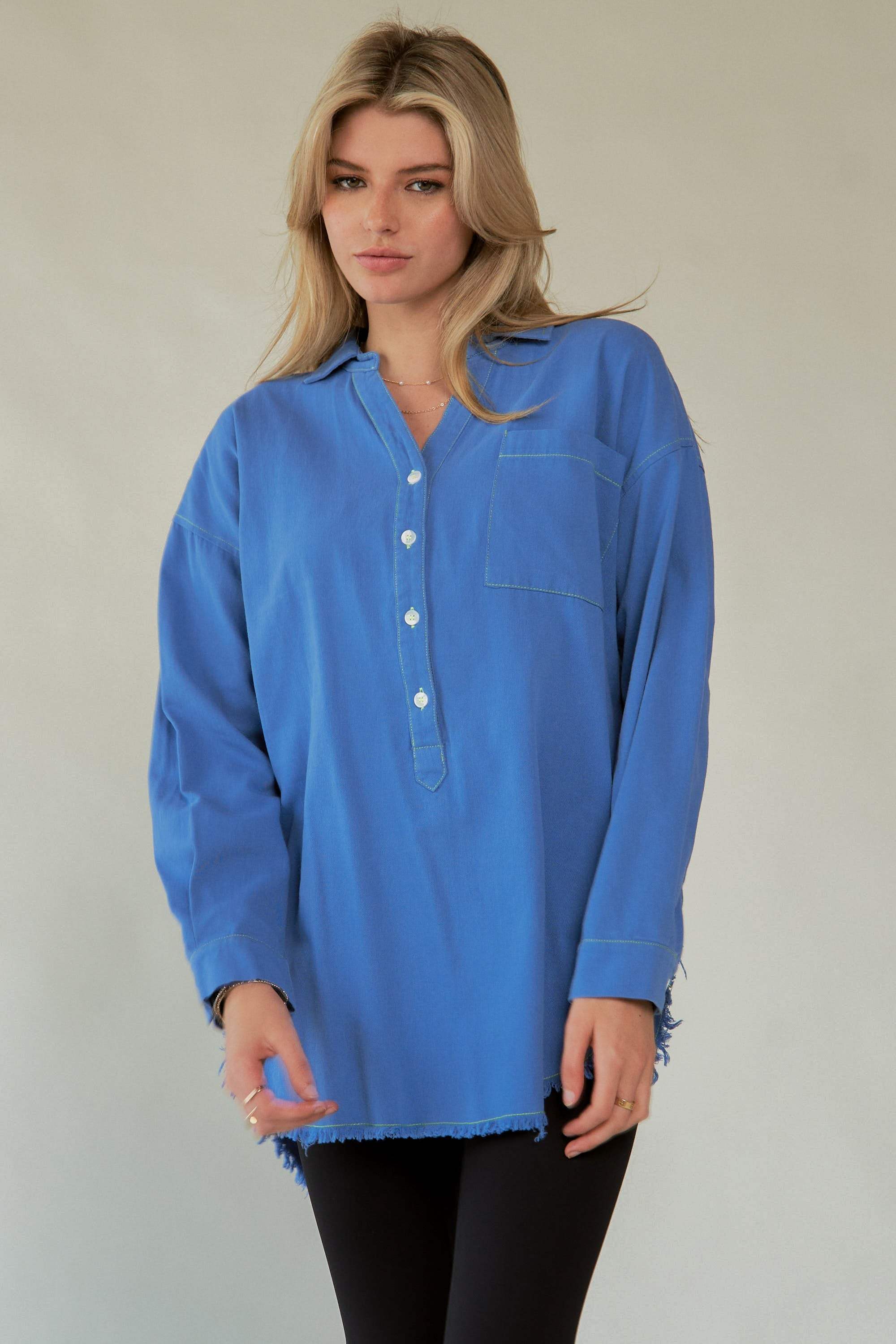 Davi & Dani Letter Back Raw Hem Half Button Shirt - Trendsi - Flyclothing LLC