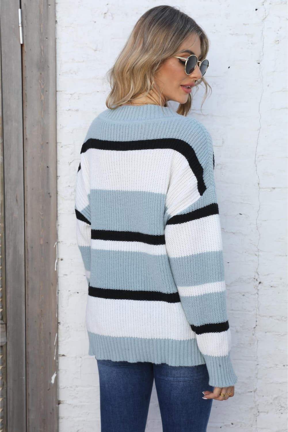 Color Block V-Neck Dropped Shoulder Sweater - Trendsi - Flyclothing LLC