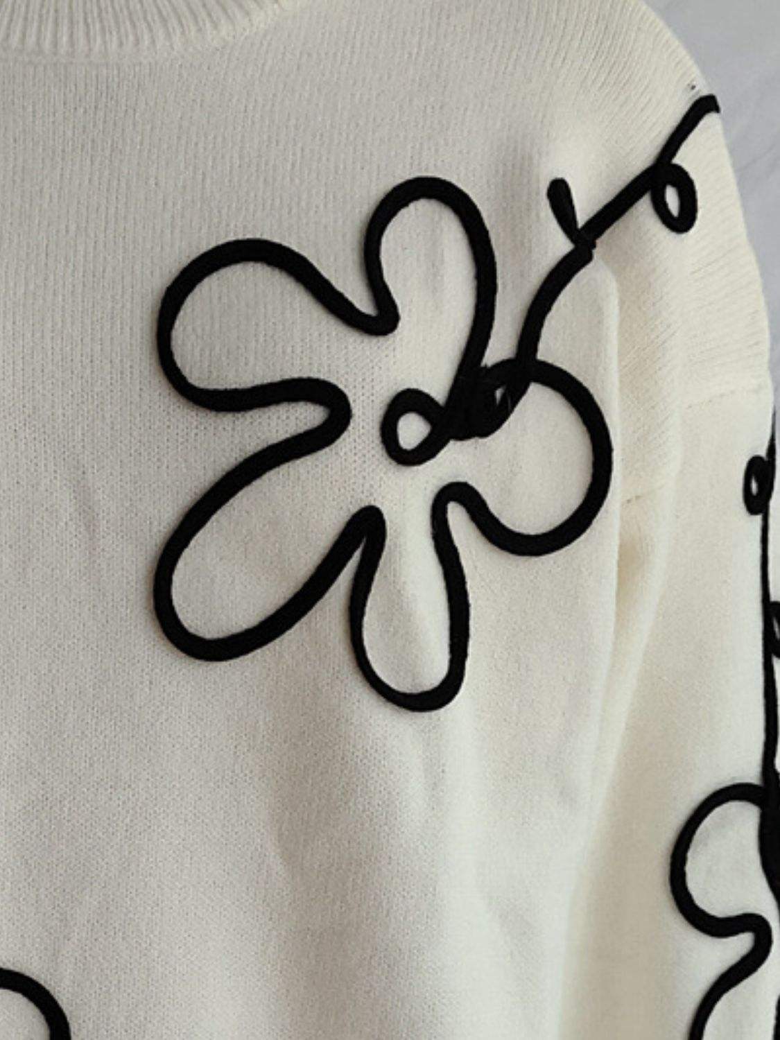 Flower Round Neck Long Sleeve Sweater - Trendsi - Flyclothing LLC