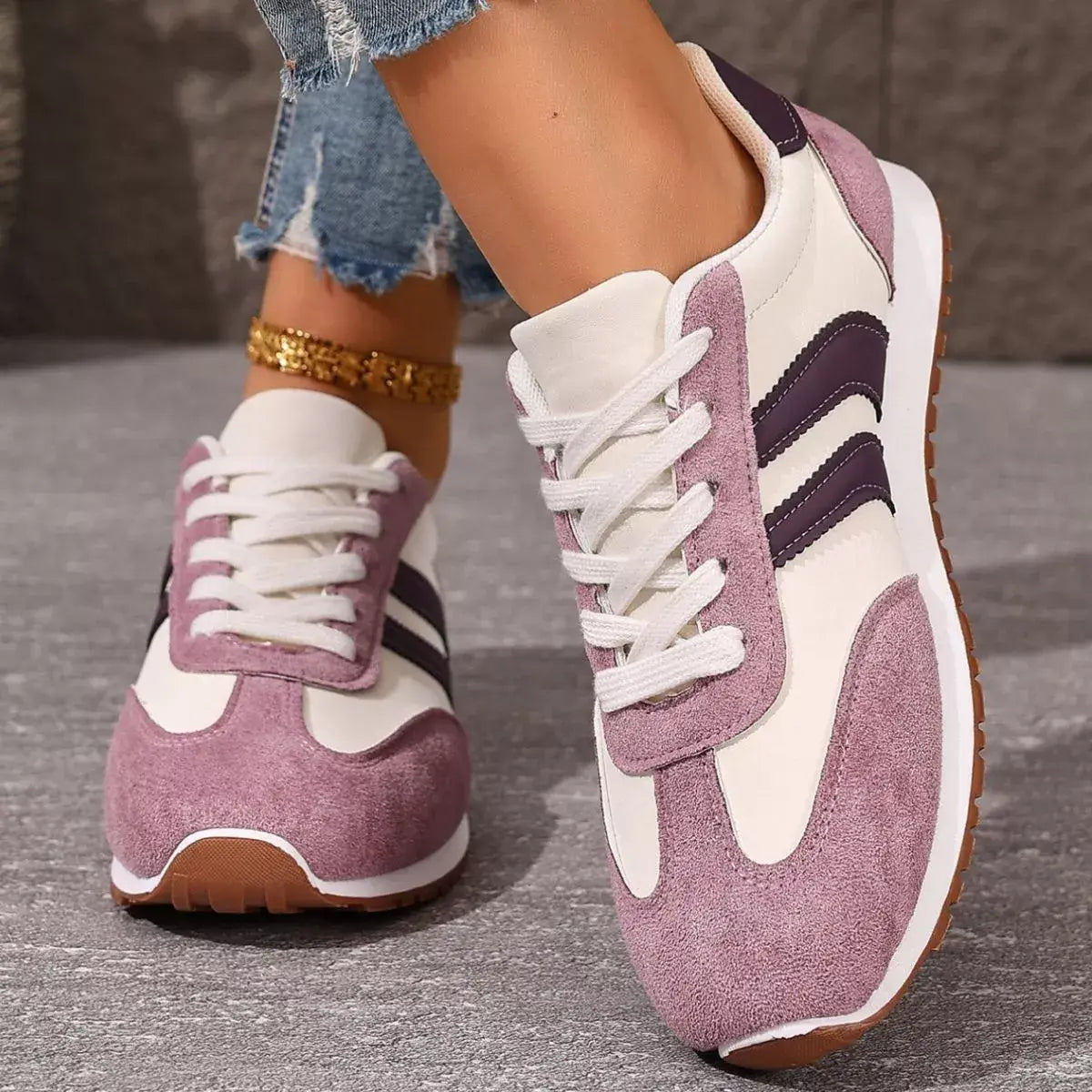 Striped Lace-Up Casual Sneakers - Trendsi - Flyclothing LLC