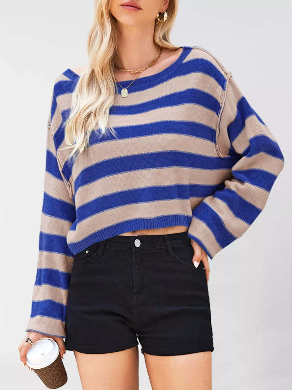 Striped Dropped Shoulder Sweater - Trendsi - Flyclothing LLC