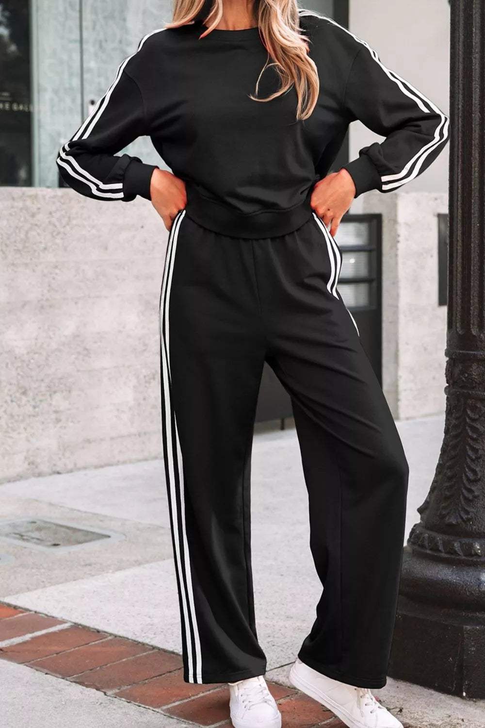 Striped Detail Crewneck Pullover Elastic Sweatpants 2pcs Outfit - Trendsi - Flyclothing LLC