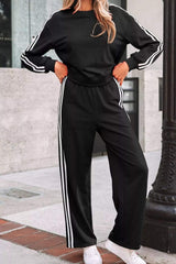 Striped Detail Crewneck Pullover Elastic Sweatpants 2pcs Outfit - Trendsi - Flyclothing LLC