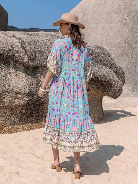 Printed Puff Sleeve Ruched Midi Dress - Trendsi - Flyclothing LLC