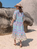 Printed Puff Sleeve Ruched Midi Dress - Trendsi