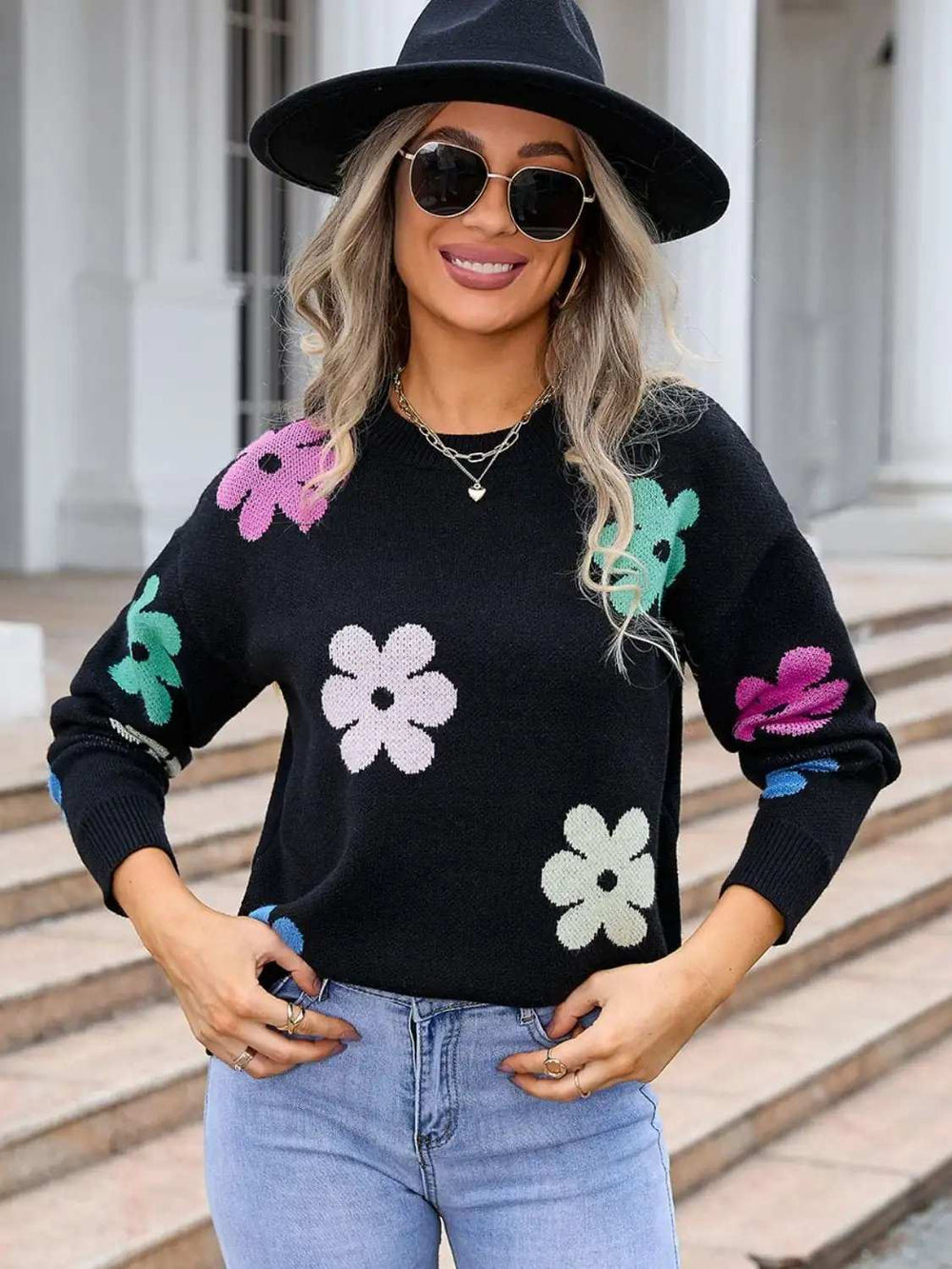 Flower Round Neck Long Sleeve Sweater - Trendsi - Flyclothing LLC