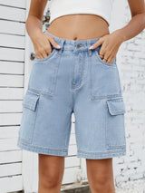 High Waist Denim Shorts with Cargo Pockets - Trendsi - Flyclothing LLC