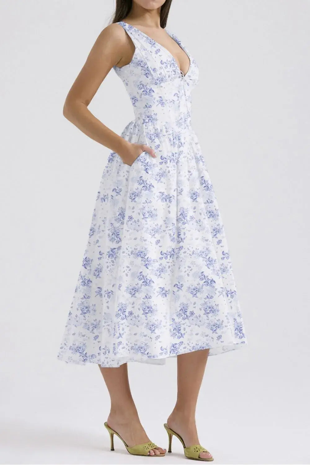 Floral V-Neck Sleeveless Midi Dress with Pockets - Trendsi - Flyclothing LLC