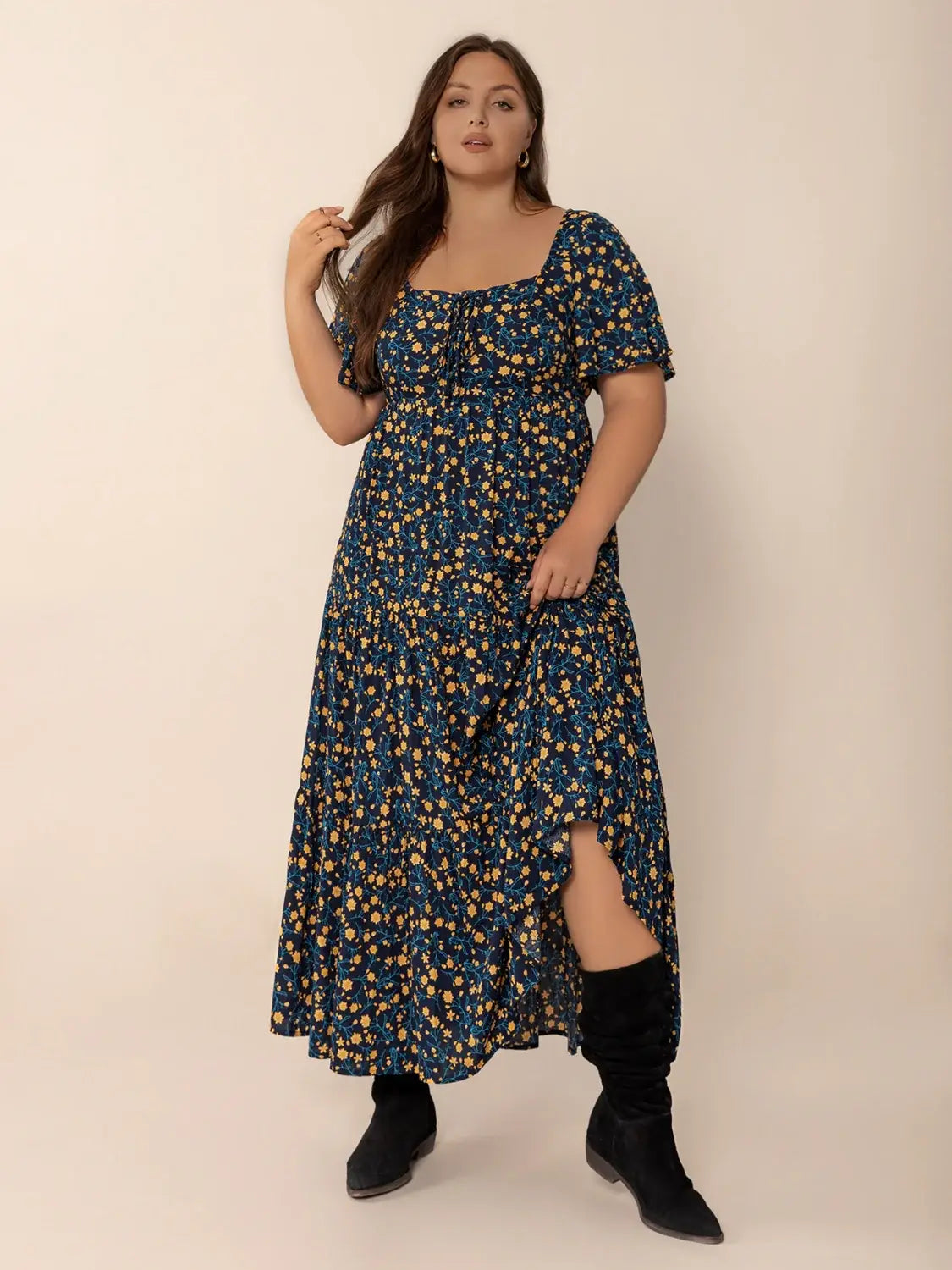 Plus Size Printed Short Sleeve Slit Tiered Maxi Dress - Trendsi - Flyclothing LLC