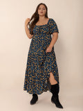 Plus Size Printed Short Sleeve Slit Tiered Maxi Dress - Trendsi