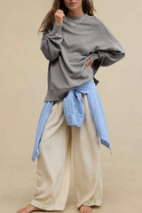 Side Slit Round Neck Long Sleeve Sweatshirt - Trendsi - Flyclothing LLC