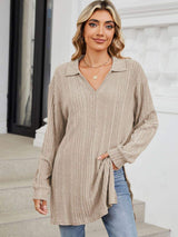 Slit Johnny Collar Long Sleeve T-Shirt - Trendsi - Flyclothing LLC