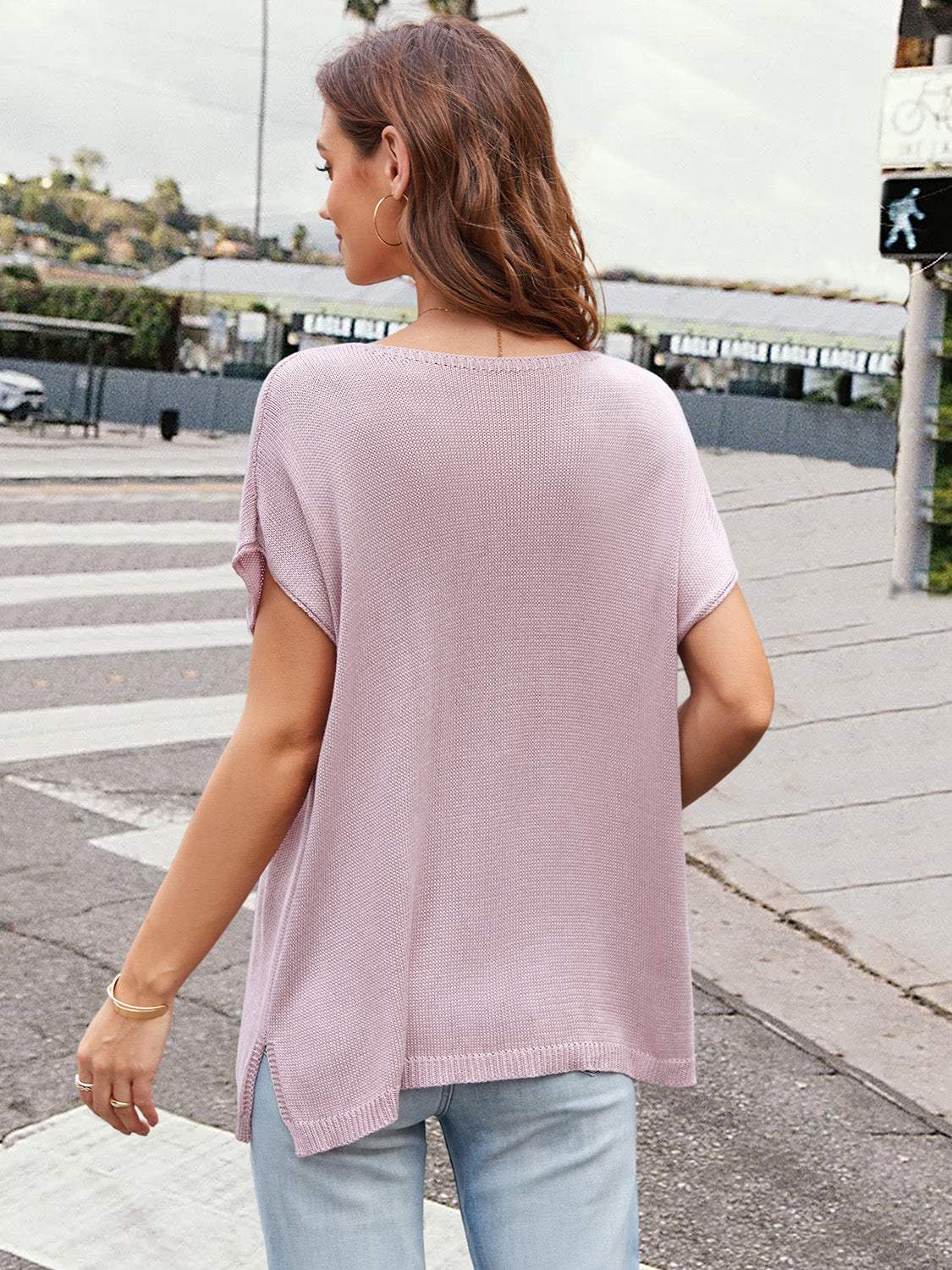 Notched Short Sleeve Knit Top - Trendsi - Flyclothing LLC