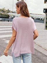 Notched Short Sleeve Knit Top - Trendsi - Flyclothing LLC