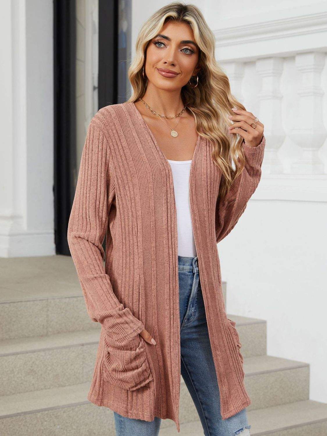Pocketed Open Front Long Sleeve Cardigan - Trendsi - Flyclothing LLC