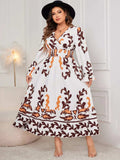 Plus Size Printed Surplice Flounce Sleeve Dress - Trendsi - Flyclothing LLC
