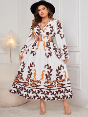Plus Size Printed Surplice Flounce Sleeve Dress - Trendsi