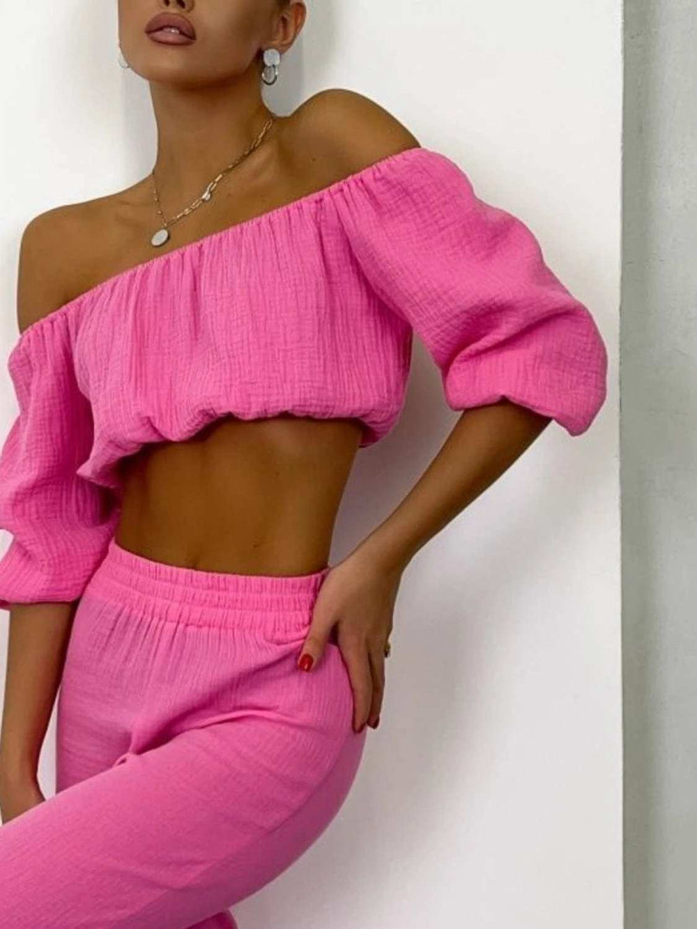 Off Shoulder Long Sleeve Top and Pants Set - Trendsi - Flyclothing LLC