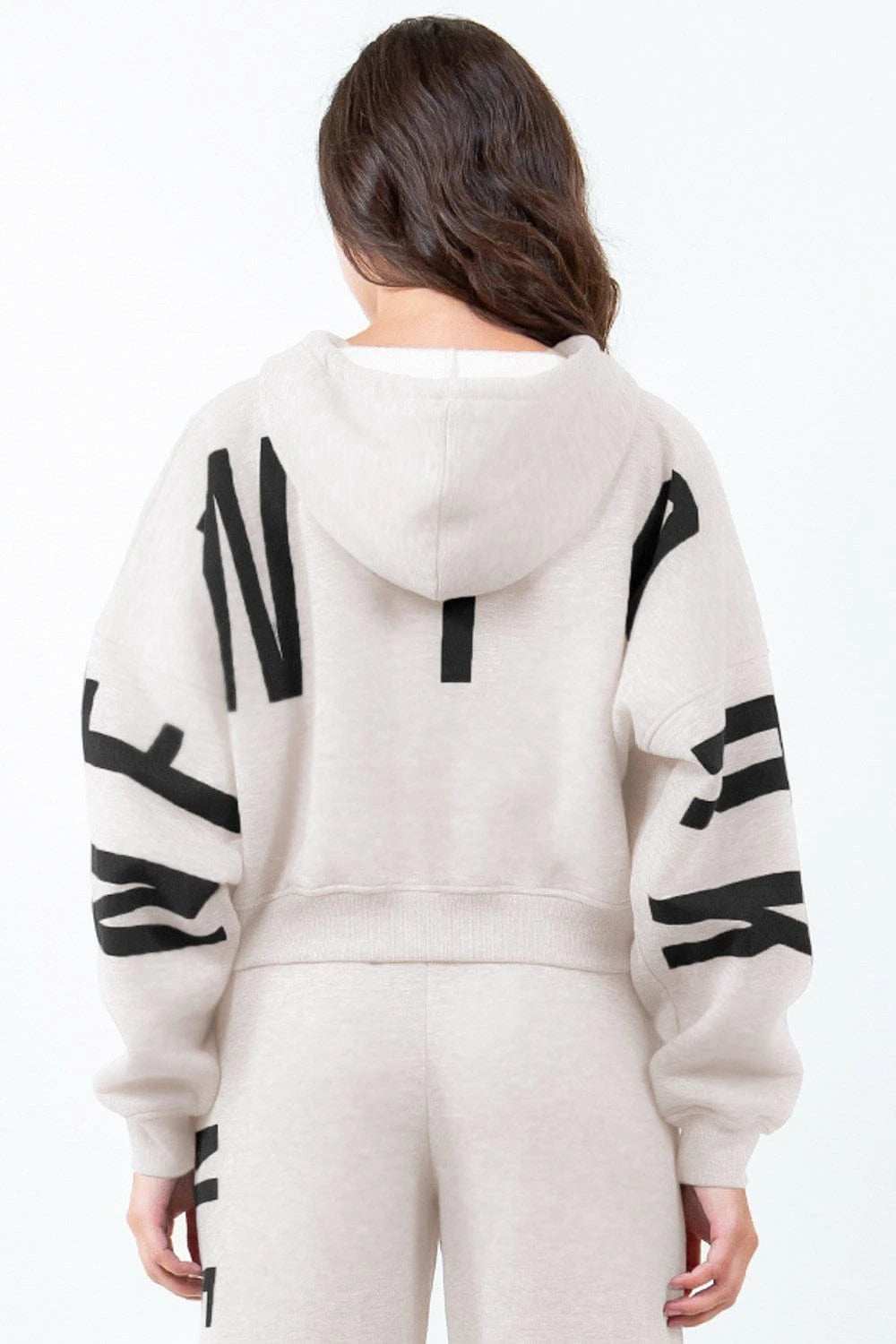 American Bazi Letter Graphic Long Sleeve Drawstring Cropped Hoodie - Trendsi - Flyclothing LLC