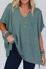 Oversized Ribbed Knit V Neck Dolman Short Sleeve Top - Trendsi - Flyclothing LLC