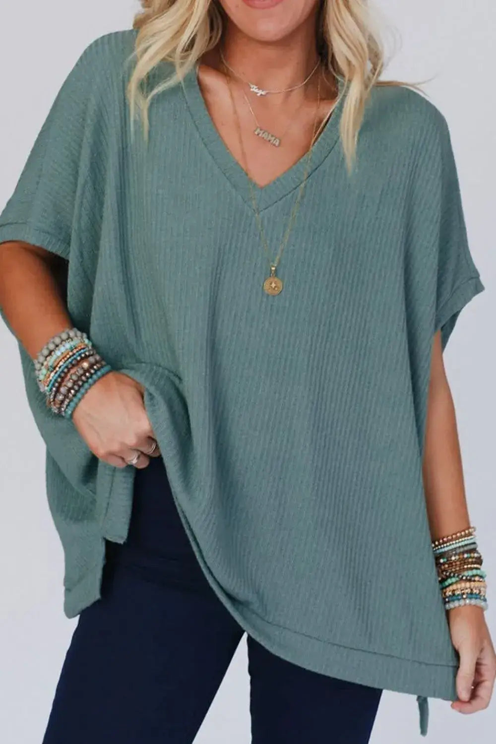 Oversized Ribbed Knit V Neck Dolman Short Sleeve Top - Trendsi - Flyclothing LLC