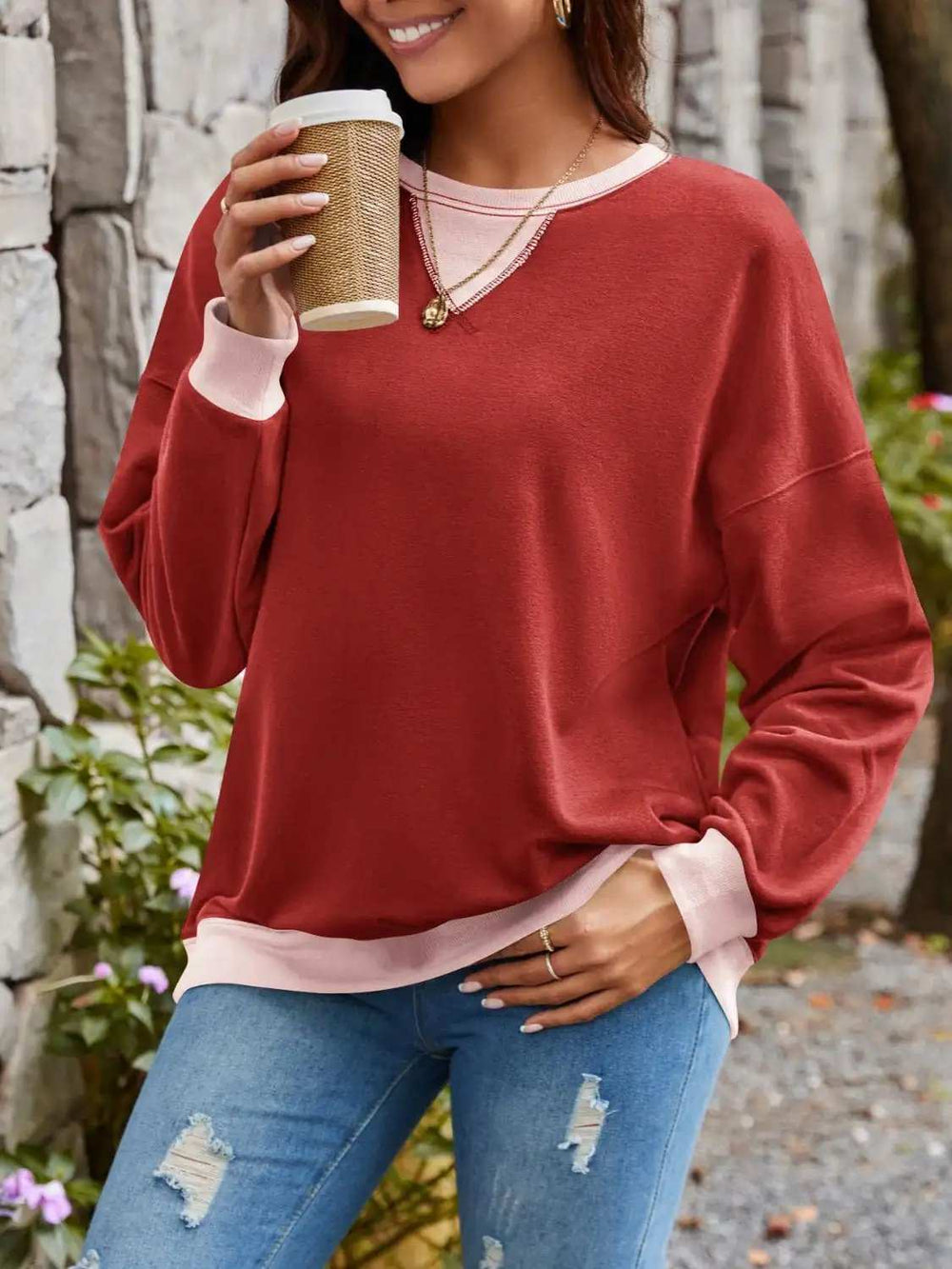 Contrast Round Neck Long Sleeve Sweatshirt - Trendsi - Flyclothing LLC