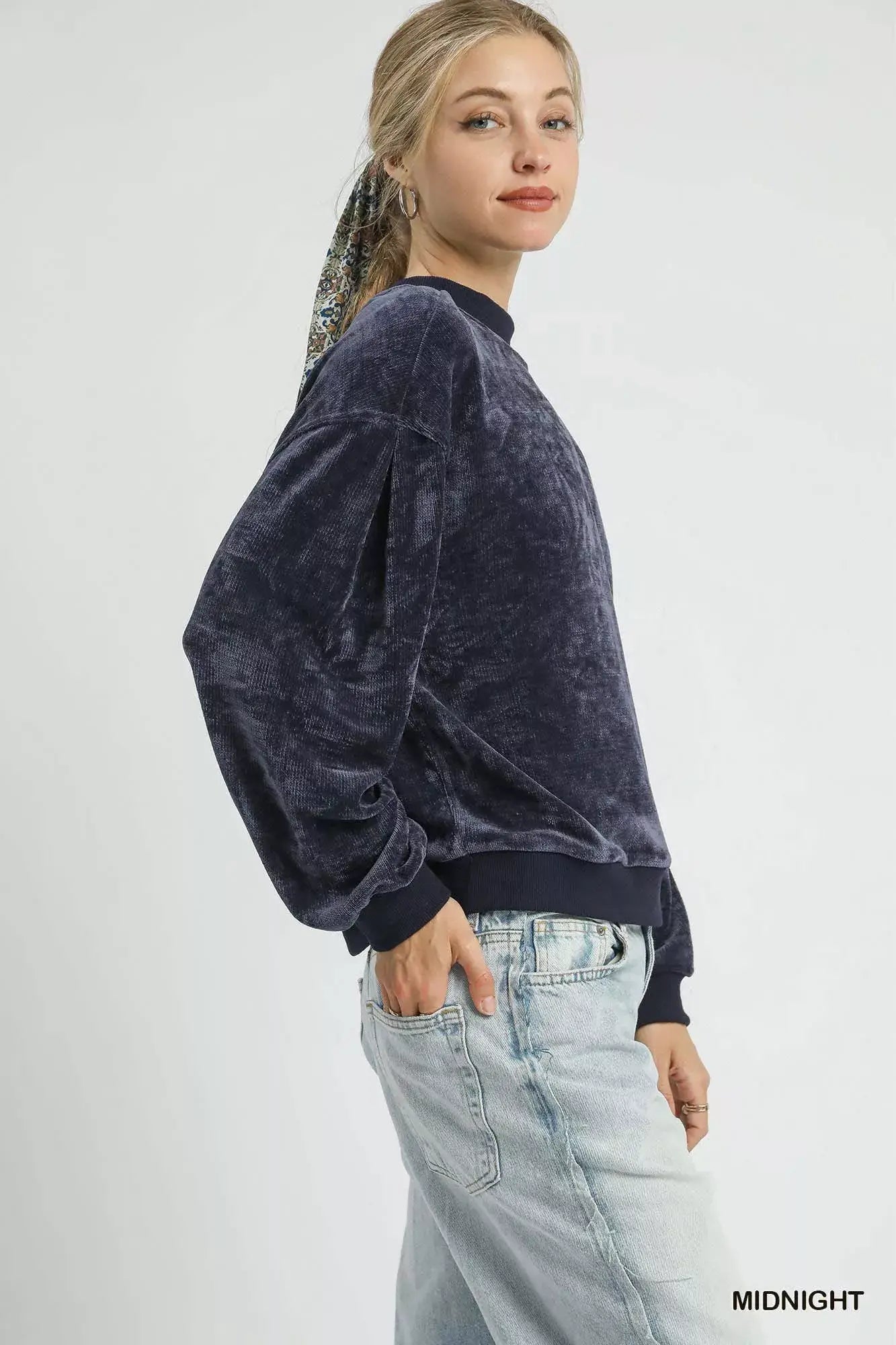 Umgee Velour Crewneck Balloon Sleeve Sweatshirt - Trendsi - Flyclothing LLC
