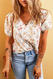 Printed V-Neck Puff Sleeve Blouse - Trendsi - Flyclothing LLC